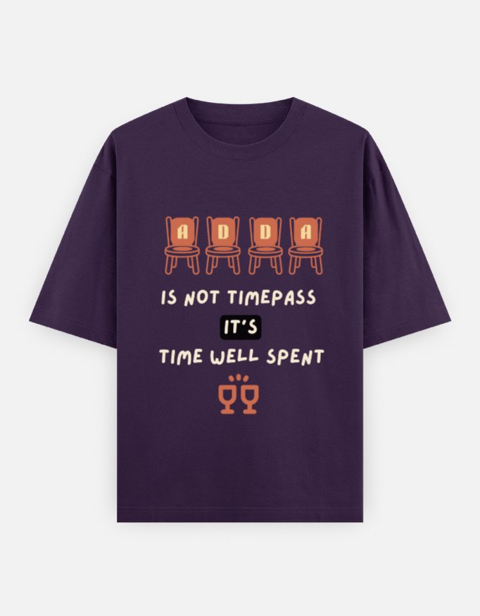 ADDA Not Timepass oversized T-shirt in purple with terracotta design