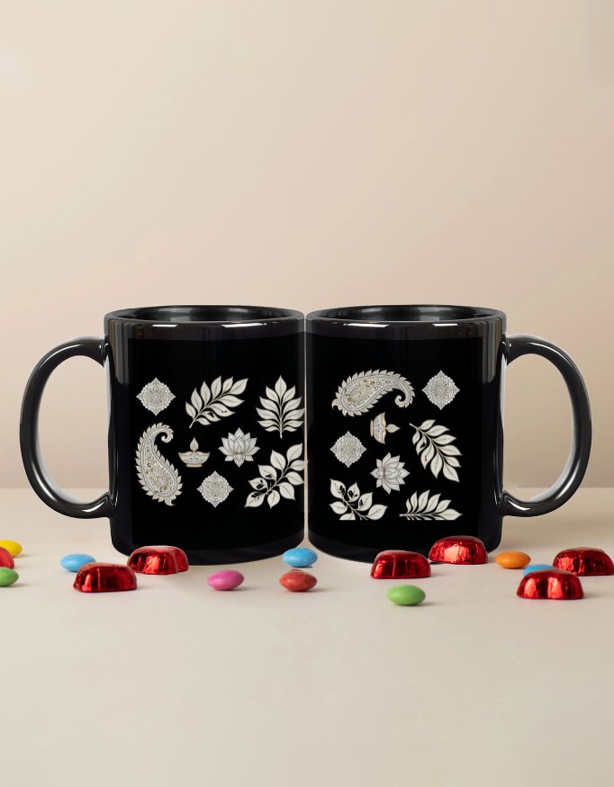 Alpona & Paisley Black Coffee Mug – 11 oz