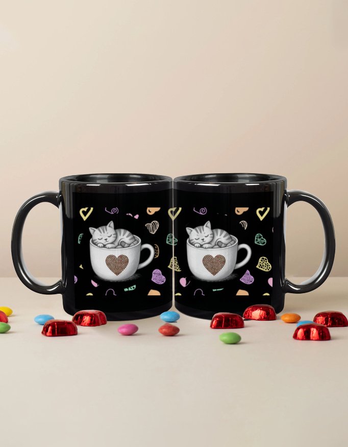 Coffee Love: Cozy Cat | 11 oz Black Ceramic Mug