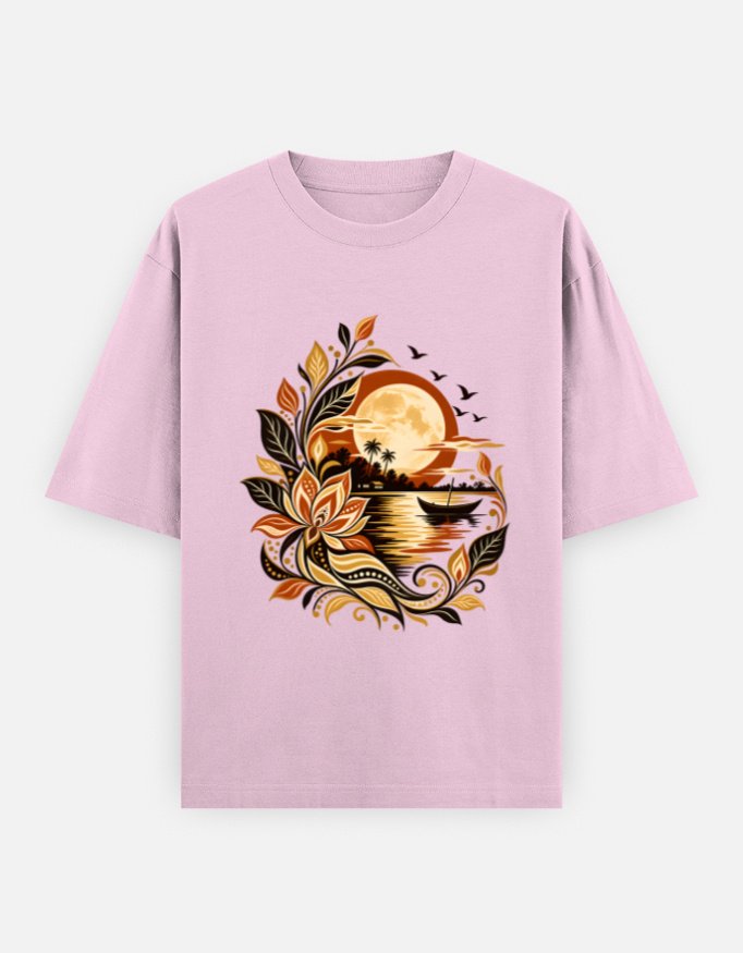Chander Alo moonlit folk art design on a light baby pink unisex oversized T-shirt