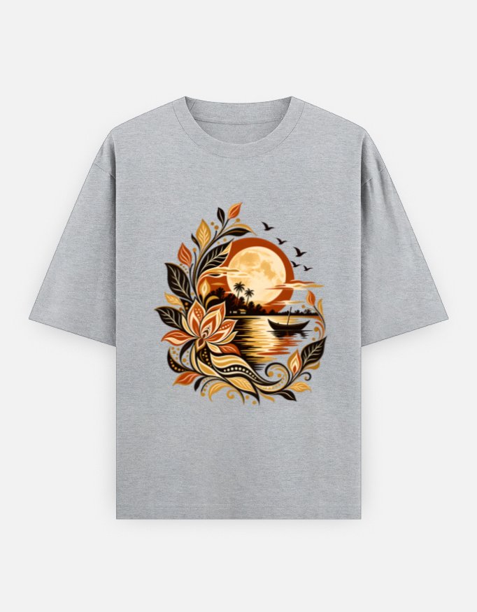 Chander Alo moonlit folk art design on a light grey unisex oversized T-shirt