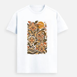Folk Bloom lotus and paisley folk-art design on a white Supima cotton T-shirt