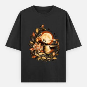 Chander Alo moonlit folk art design on a black unisex oversized T-shirt