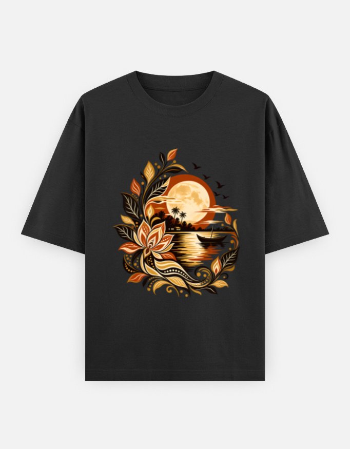Chander Alo moonlit folk art design on a black unisex oversized T-shirt