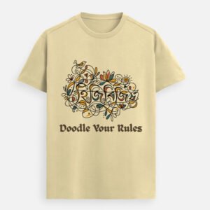 Hiyamon Doodle Your Rules artwork on a beige unisex Supima cotton T-shirt, featuring colourful flowing doodles and botanical-inspired motifs.